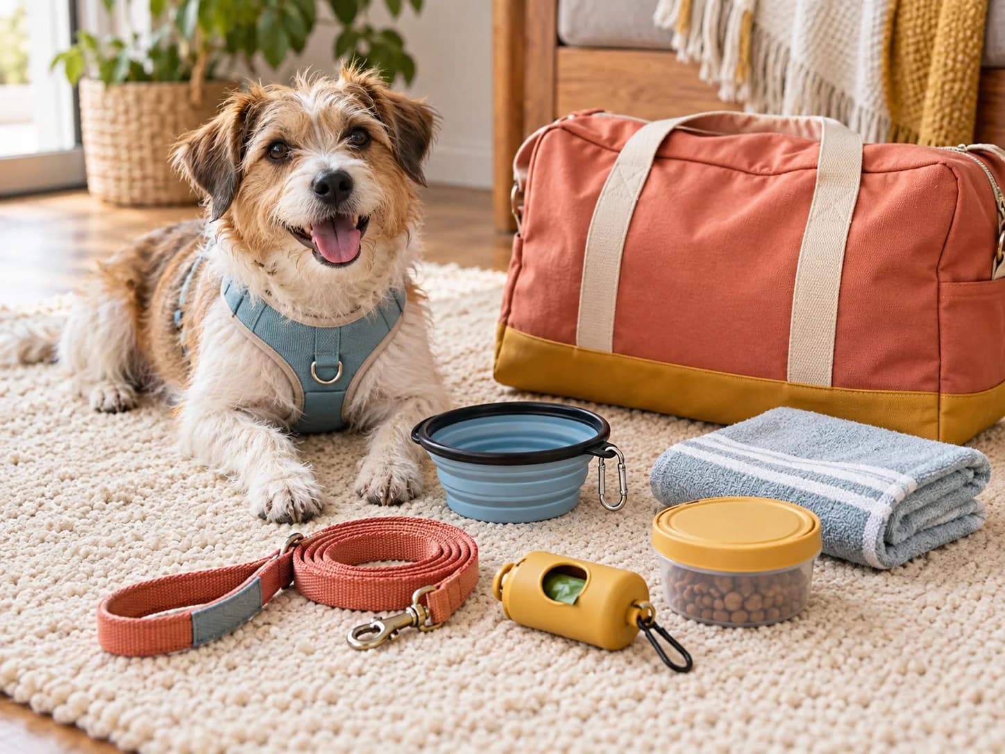 Cachorro ao lado de uma bolsa e acessórios de viagem