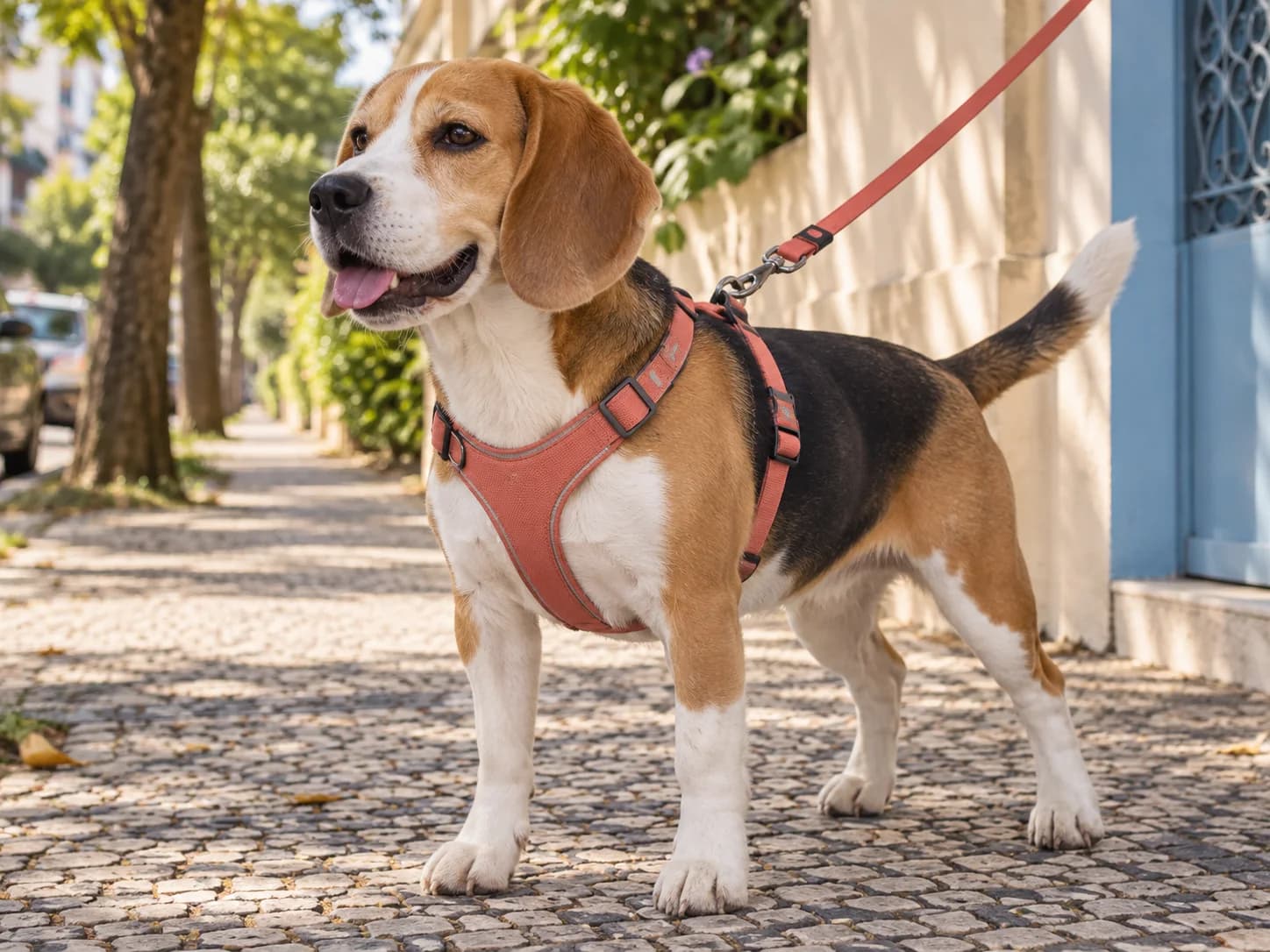 Cachorro usando um peitoral coral durante um passeio